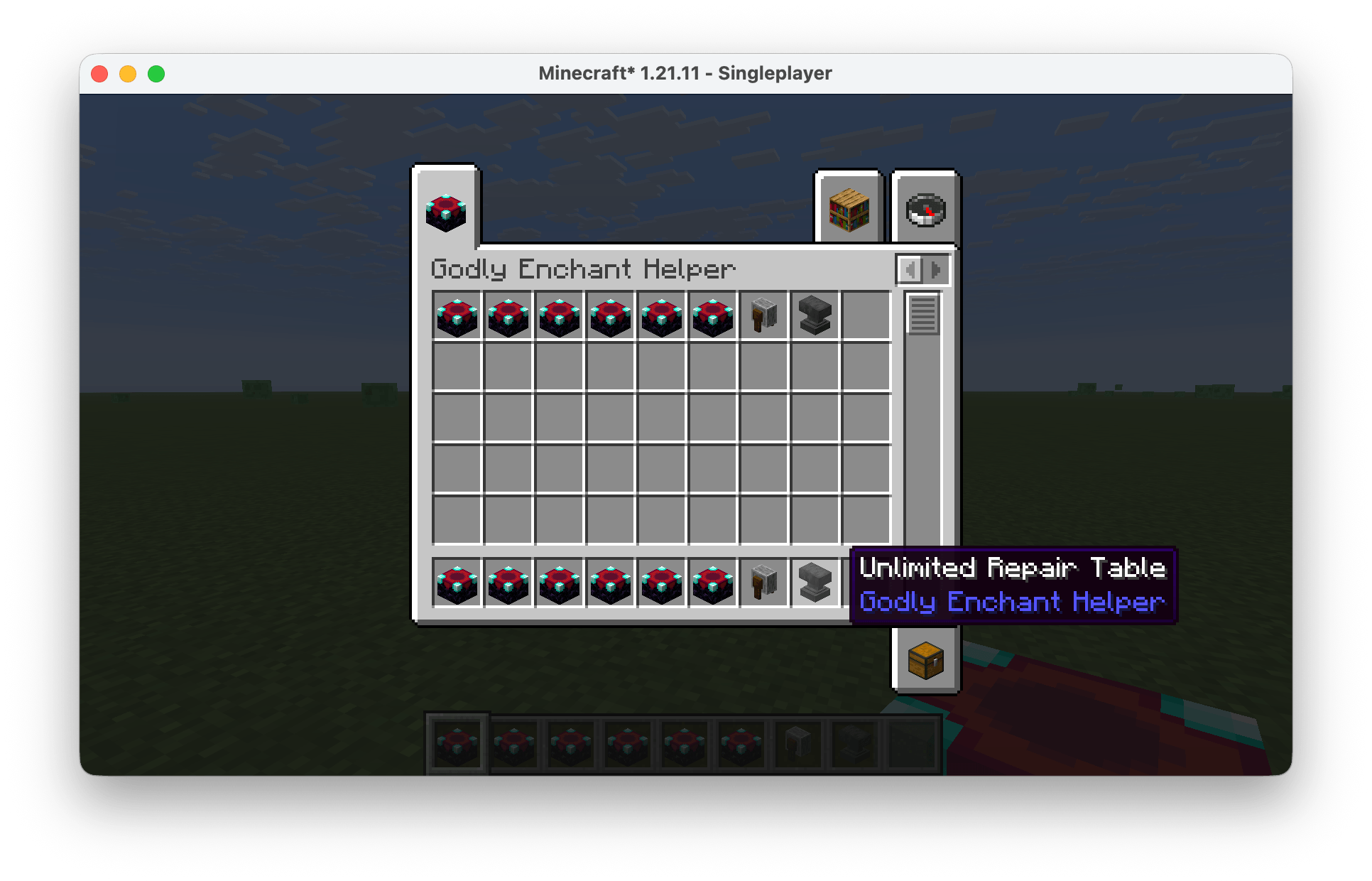 Fully repairs damaged weapons, tools, armor, and other supported gear in about 5 seconds. No XP, repair materials, or Mending are required, and all existing enchantments are preserved.