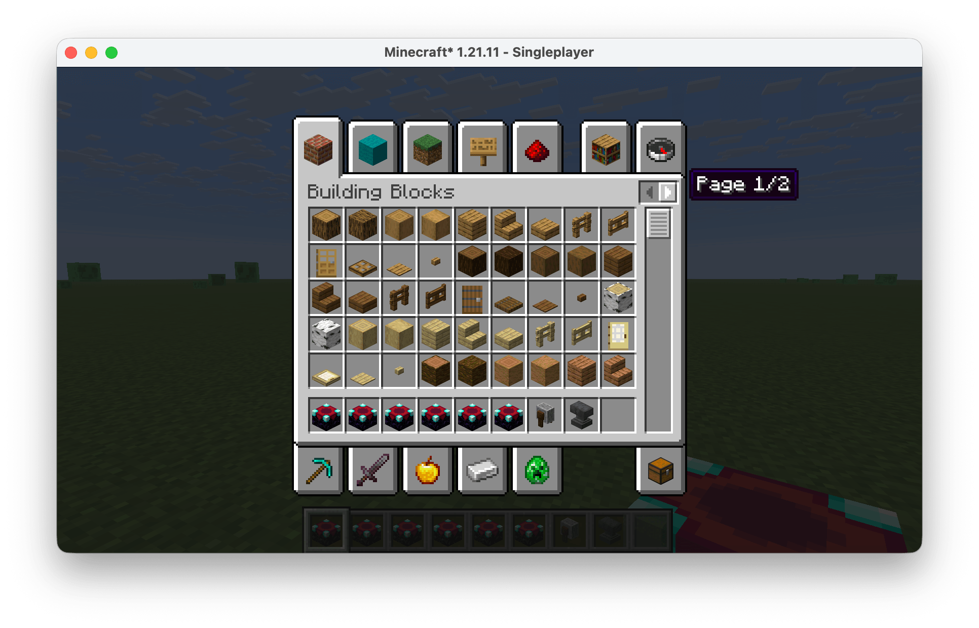 Shows where the Godly Enchant Helper creative tab appears in the inventory and demonstrates its paged layout, including the Page 1/2 navigation.