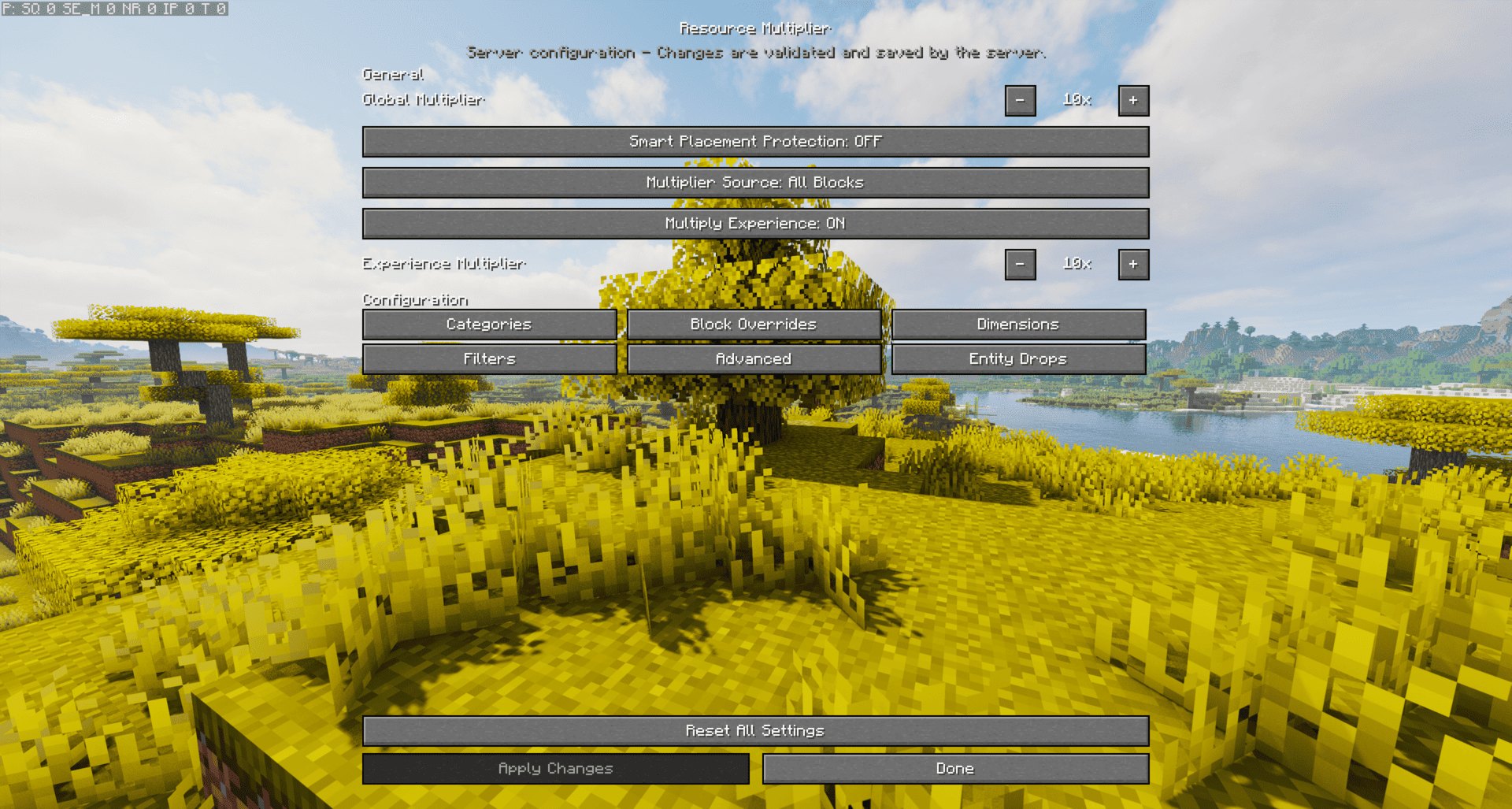 Thumbnail Config Screen showing 10x Global Multiplyer for easy setting adjustment