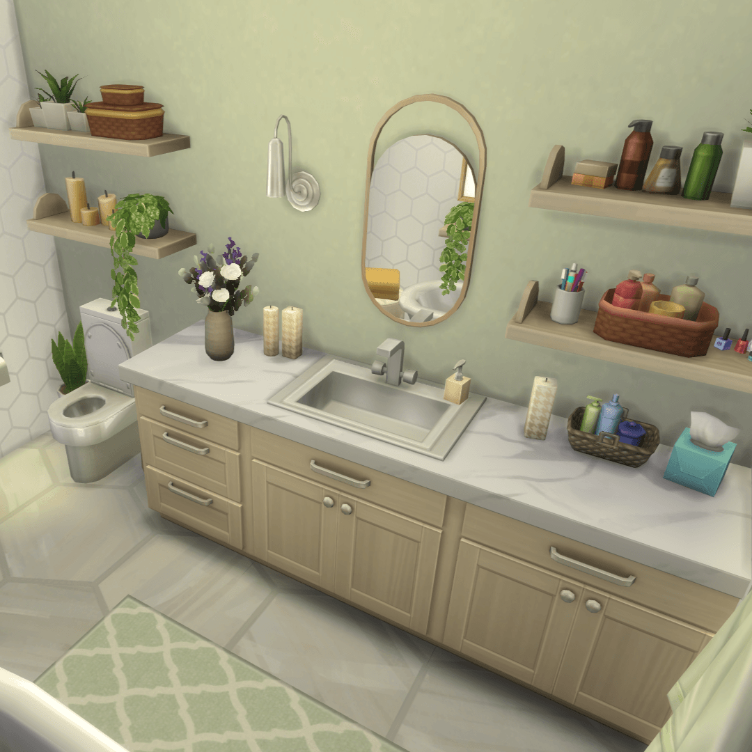 Thumbnail Overview of the sink area, with lots of storage & counter space, a vase of flowers, candles and decorated wooden shelves!
