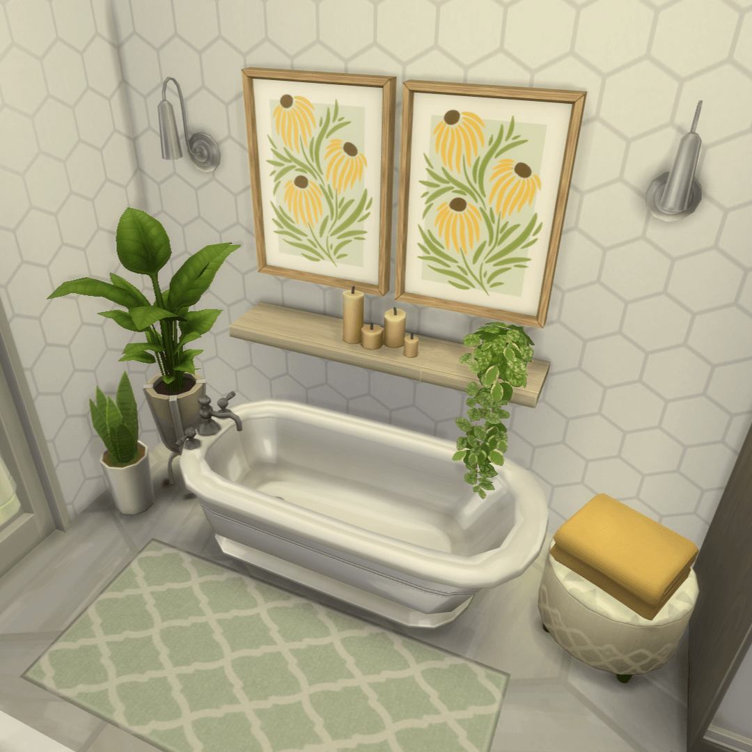 Thumbnail Overview of the bath area, with lots of plants, a bathmat, a stool with a yellow accent towel, and a shelf above the bathtub with candles, a plant, wall art, and wall lights!
