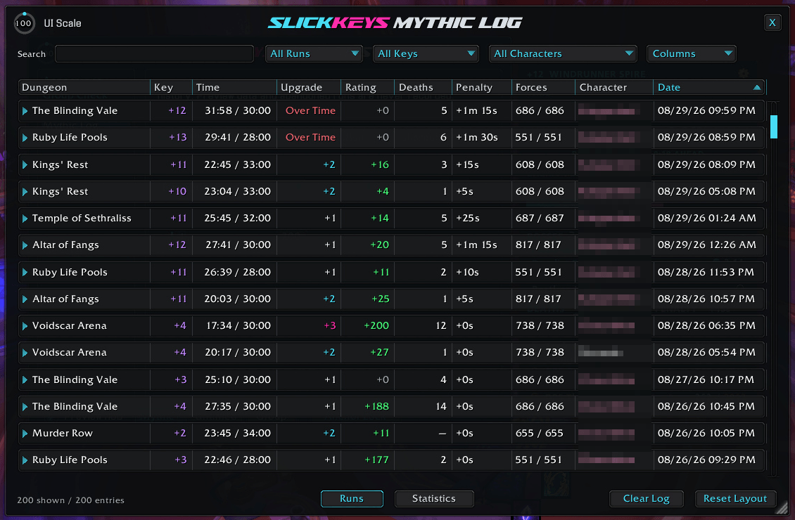 An example of the Mythic+ Log window that tracks all your Mythic+ Key runs.
