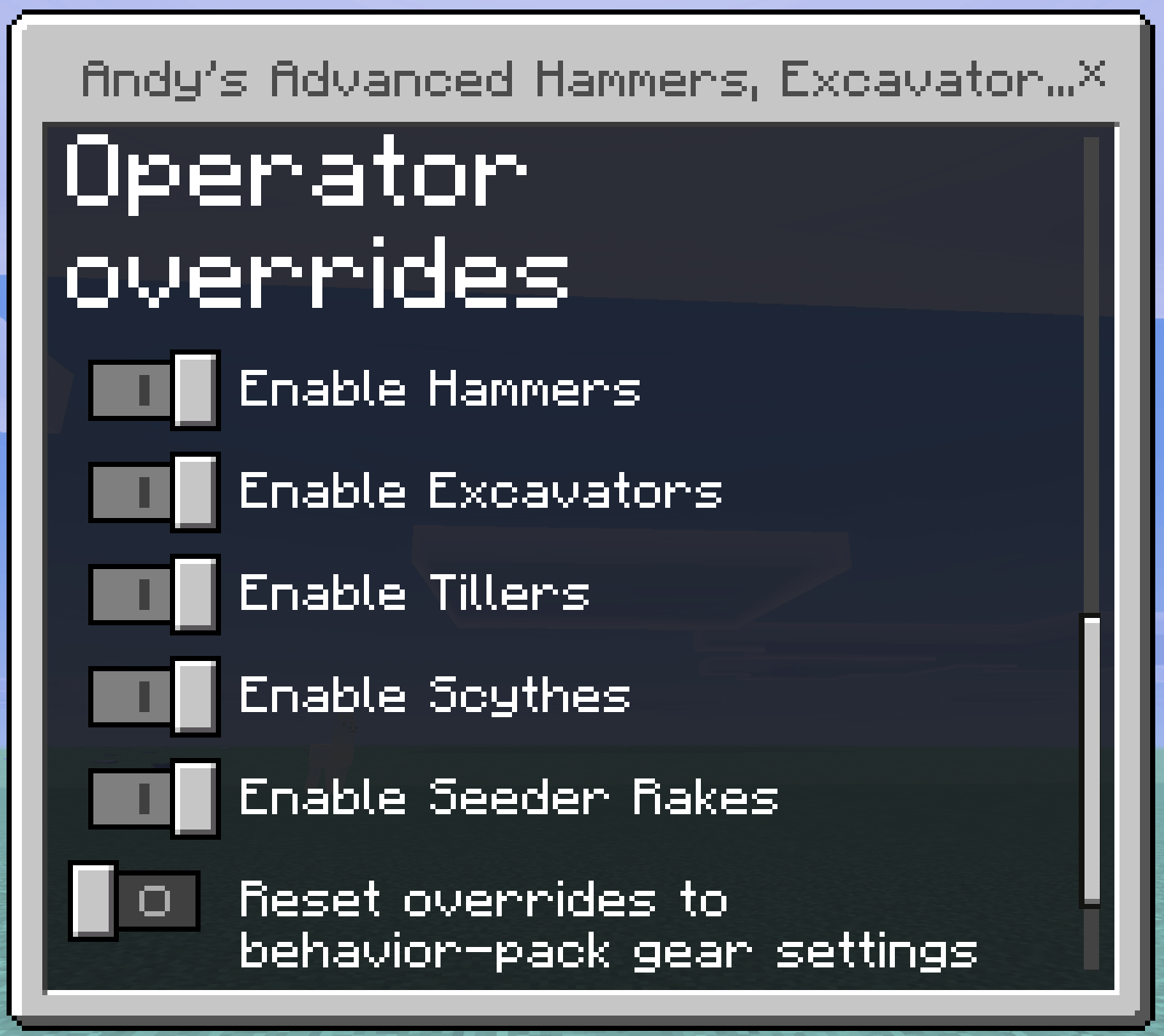 The Operator overrides section showing five enable toggles and a reset toggle