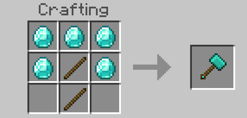 The Diamond Hammer recipe in a crafting table: five diamonds and two sticks