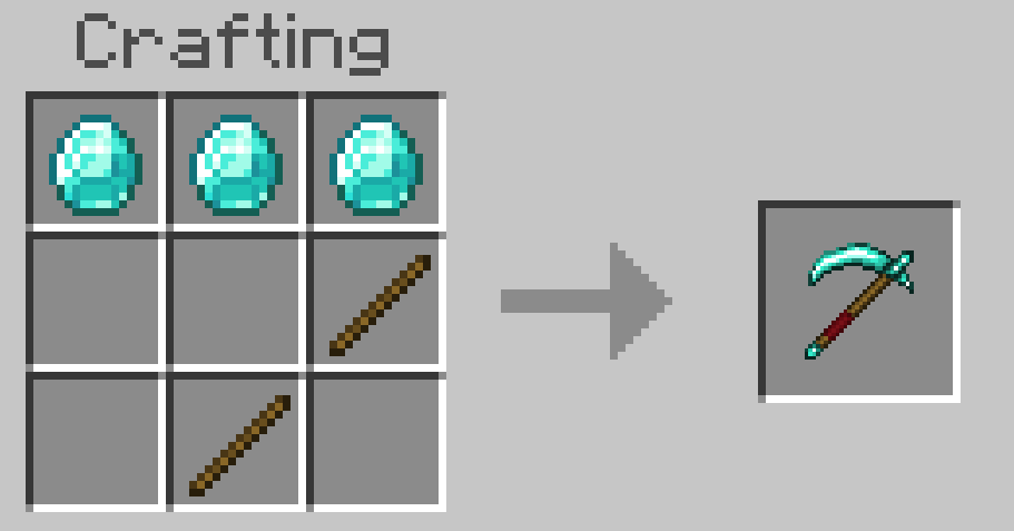 The Diamond Scythe recipe in a crafting table: three diamonds and two sticks