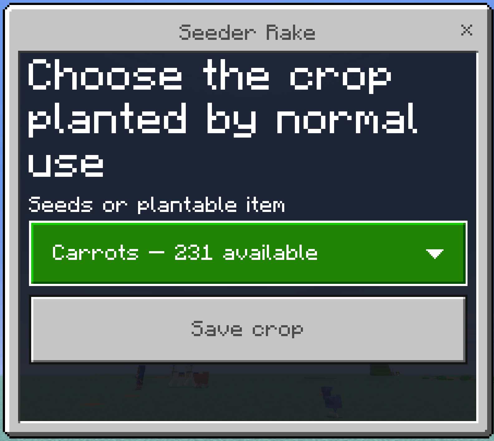 The Seeder Rake crop selector showing Carrots with 231 available