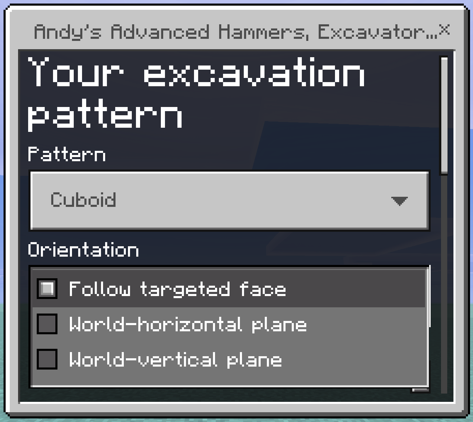 The shape menu showing the Pattern and Orientation dropdowns and the Cuboid width slider