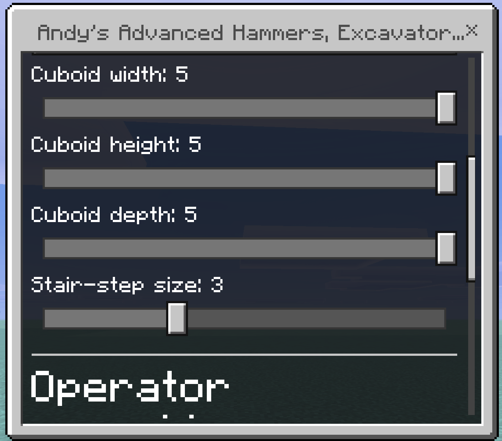 The four size sliders reading Cuboid width 5, height 5, depth 5, and Stair-step size 3
