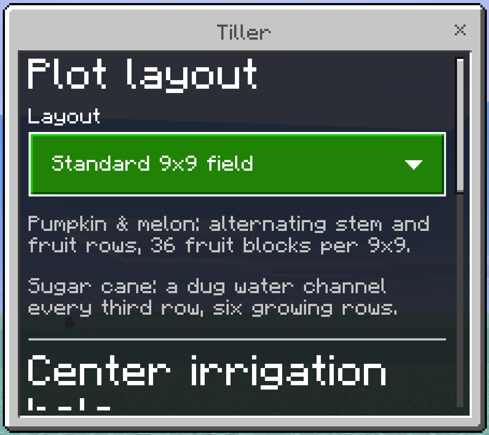 The Tiller menu showing the Plot layout header and the Layout dropdown set to Standard 9x9 field