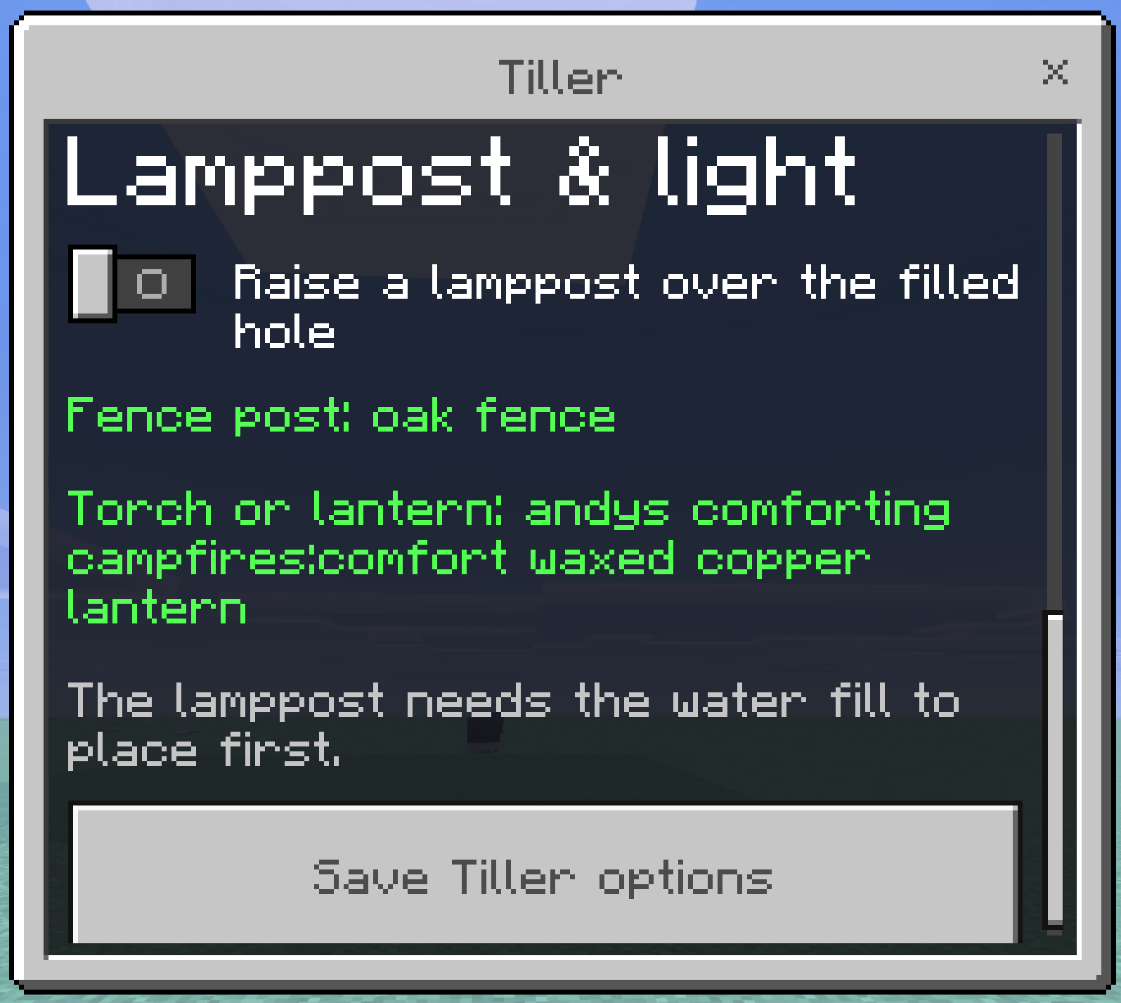 The Lamppost and light toggle with green lines naming an oak fence and a copper lantern from another add-on