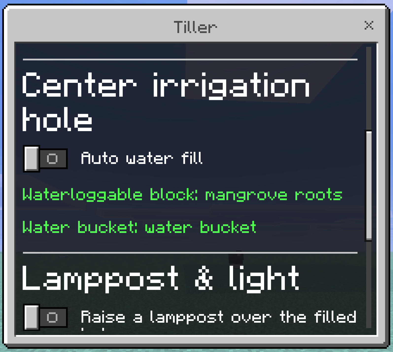 The Auto water fill toggle with two green lines reading waterloggable block mangrove roots and water bucket water bucket