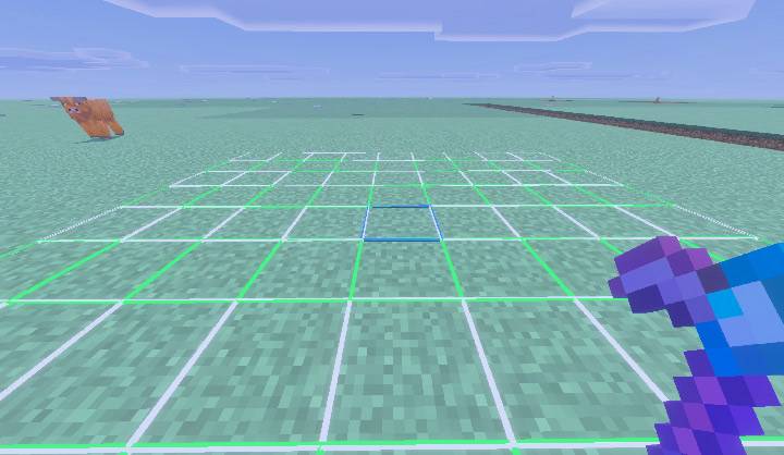 A Tiller preview over grass showing alternating white and green outlined rows with a blue outlined block at the centre