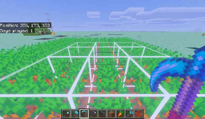 A Scythe preview over a large carrot field, outlining a 3 by 3 area of mature crops