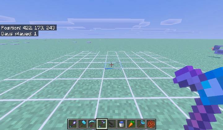 A Tiller preview over grass showing a 9 by 9 grid of white outlines with a single blue outlined block at the centre