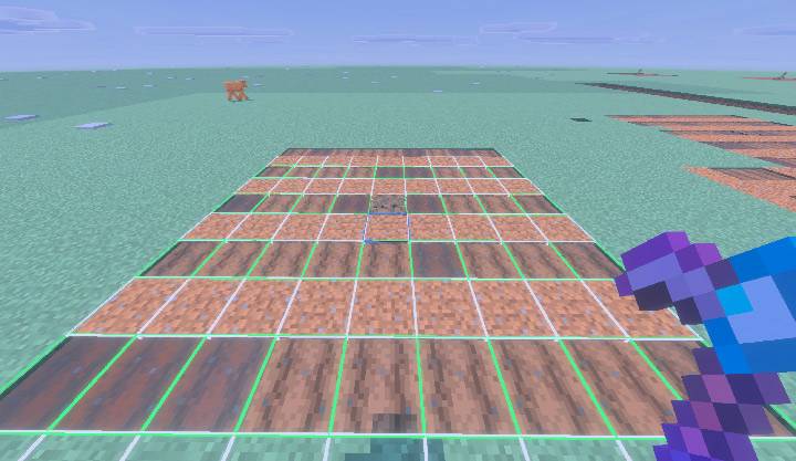 A finished pumpkin and melon plot showing alternating farmland and dirt rows, still outlined in white and green