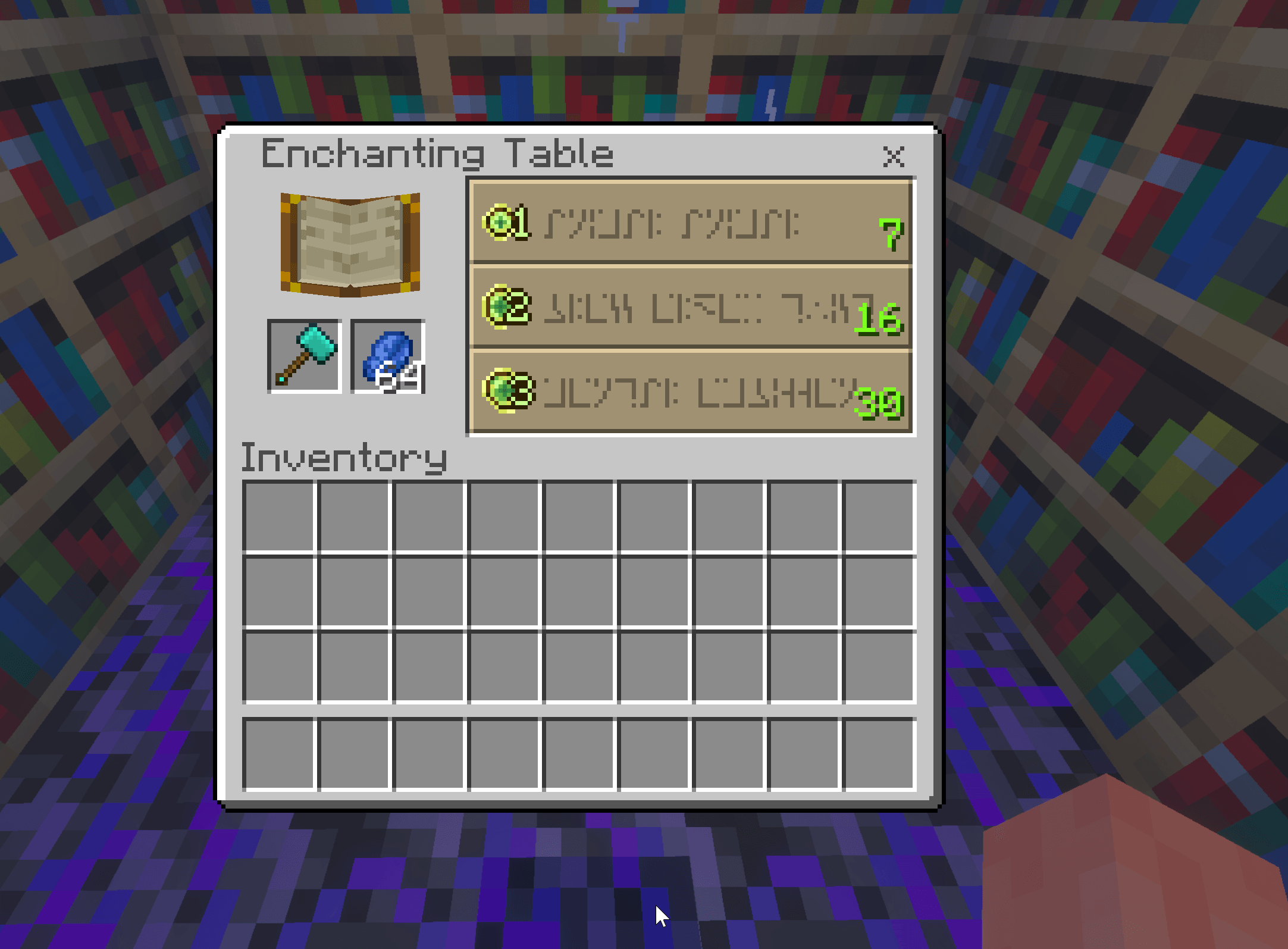 A Diamond Hammer in an Enchanting Table showing pickaxe enchantment offers