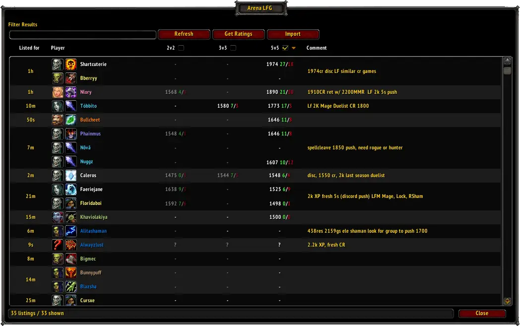 Arena LFG in-game interface
