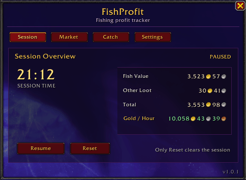 Thumbnail Track active fishing time, fish value, other loot, total session value, and gold per hour.