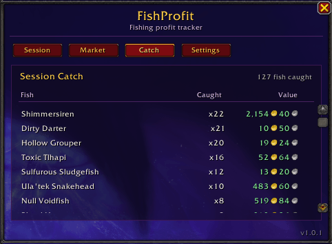Thumbnail See every fish caught during your session, including quantity and current market value.