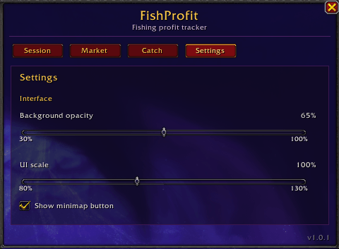 Thumbnail Customize FishProfit's background opacity, UI scale, and minimap button.