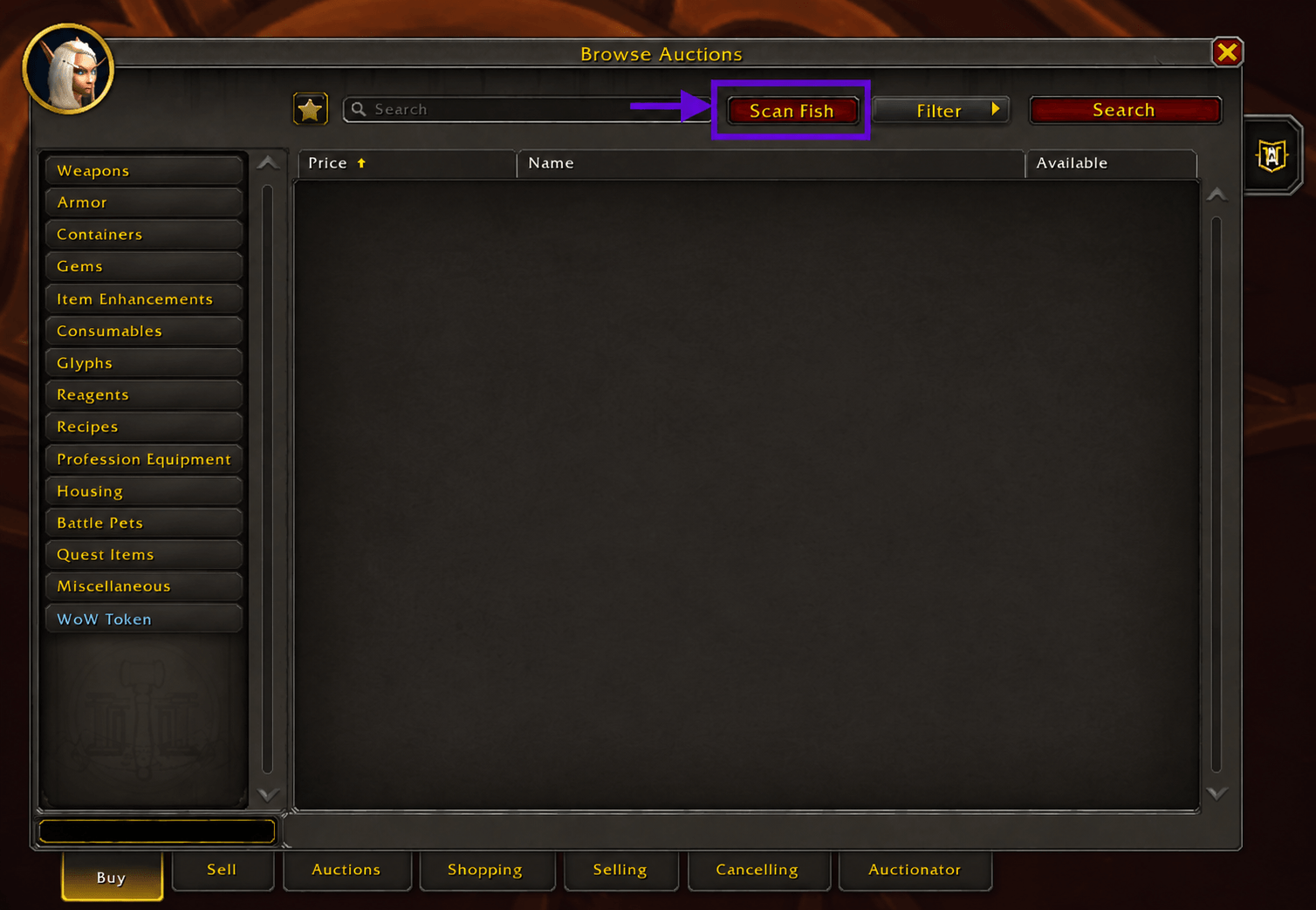 Thumbnail Use Scan Fish directly from the Auction House to refresh FishProfit market prices.