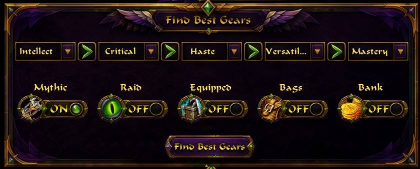 Thumbnail Search and filter gear from Mythic+, Raids, equipped items, bags and bank.