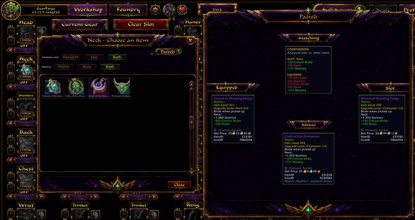 Thumbnail Compare planned gear with your currently equipped items and inspect stat changes.