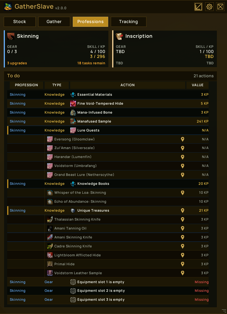 The professions page provides details on your current professions and outstanding tasks or gear improvements for each profession.
