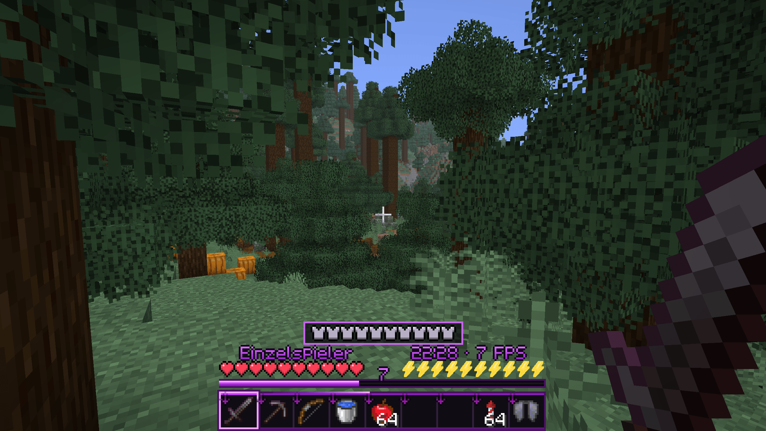 Thumbnail The complete HUD in Survival mode, featuring the violet hotbar, vanilla-style hearts, centered armor bar, lightning-bolt hunger icons, XP display, and configurable date, time, and FPS fields.