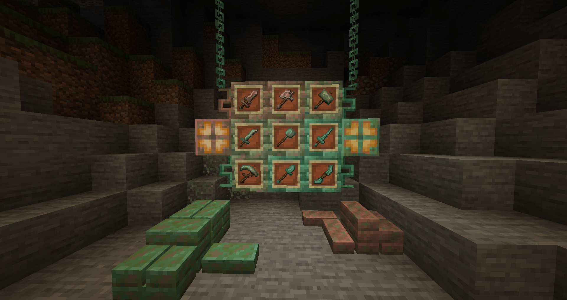 Copper weapons and several of their oxidized states.