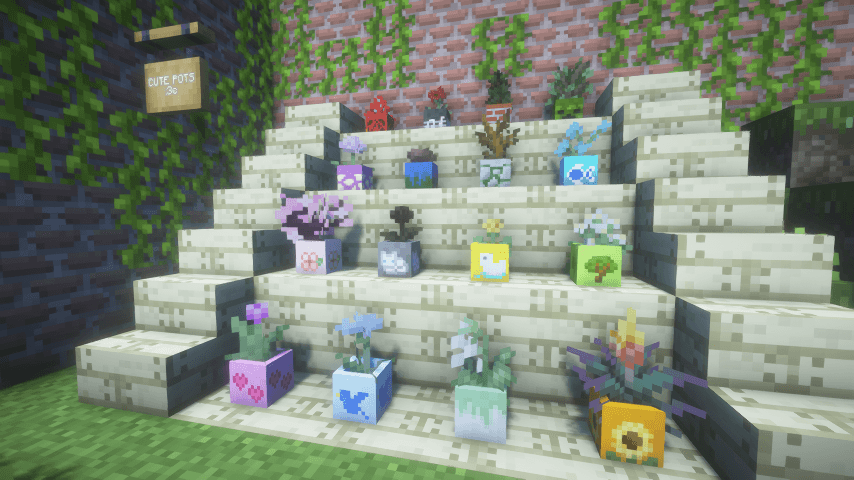 Painted Pots screenshot. Captured with 'BSL' Shader by CaptTatsu and the SSL's Soft Texture resource pack by sunshinelay_02. Based on version 1.0.0.