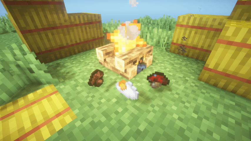 Fried Egg and Cooked Mushrooms screenshot. Captured with 'BSL' Shader by CaptTatsu and the SSL's Soft Texture resource pack by sunshinelay_02. Based on version 1.0.0.