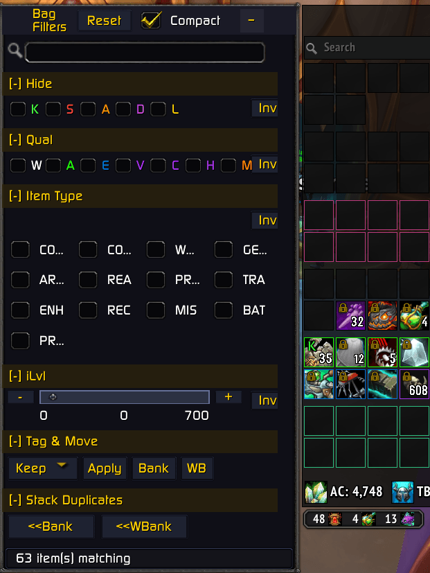 Thumbnail Filter pane on elvUI bags