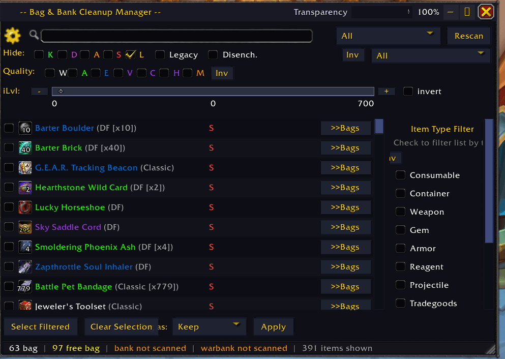 Thumbnail Bulk filtering window.