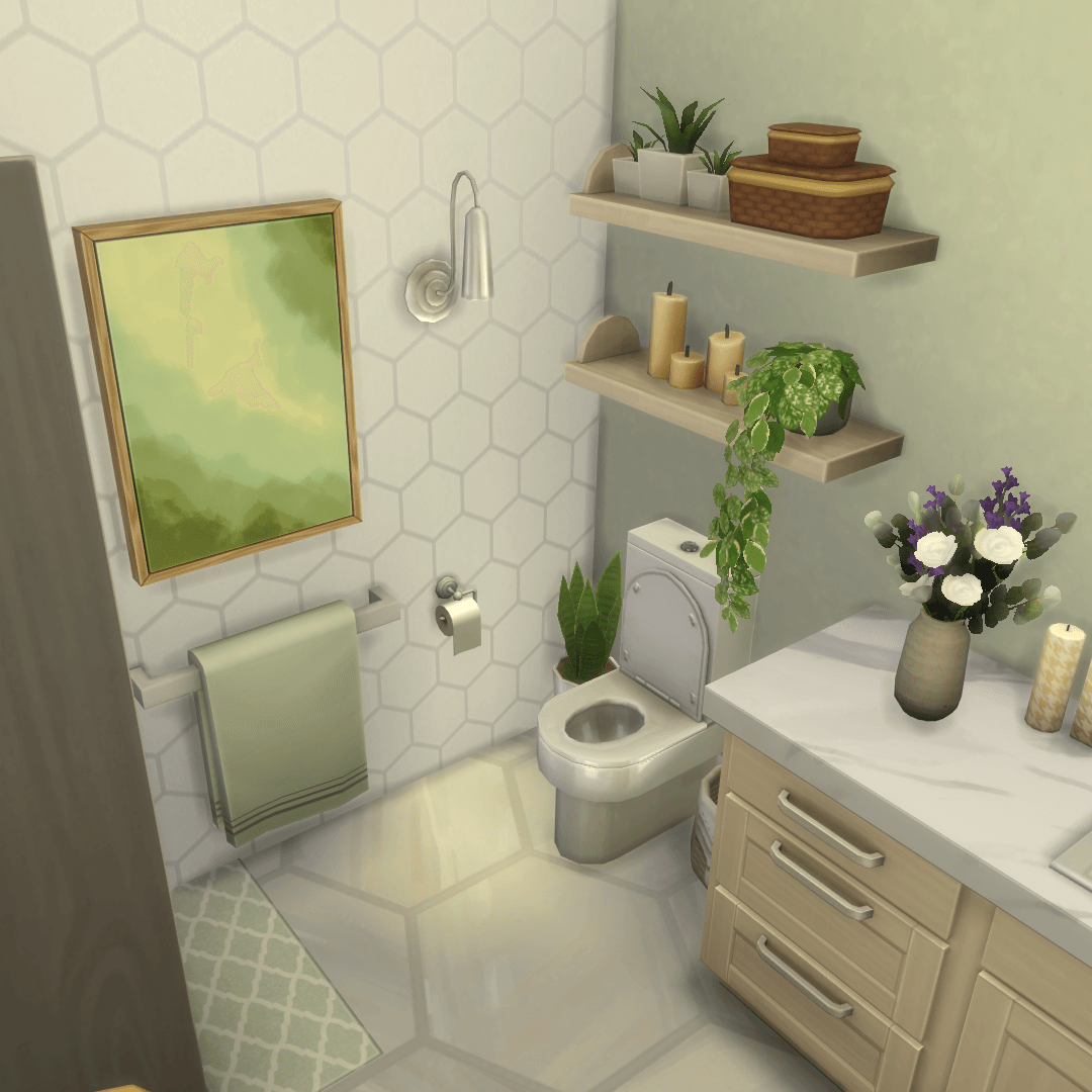 Thumbnail Overview of the shower and toilet, green accent bathmats & towels, shelves with plants, candles and clutter!