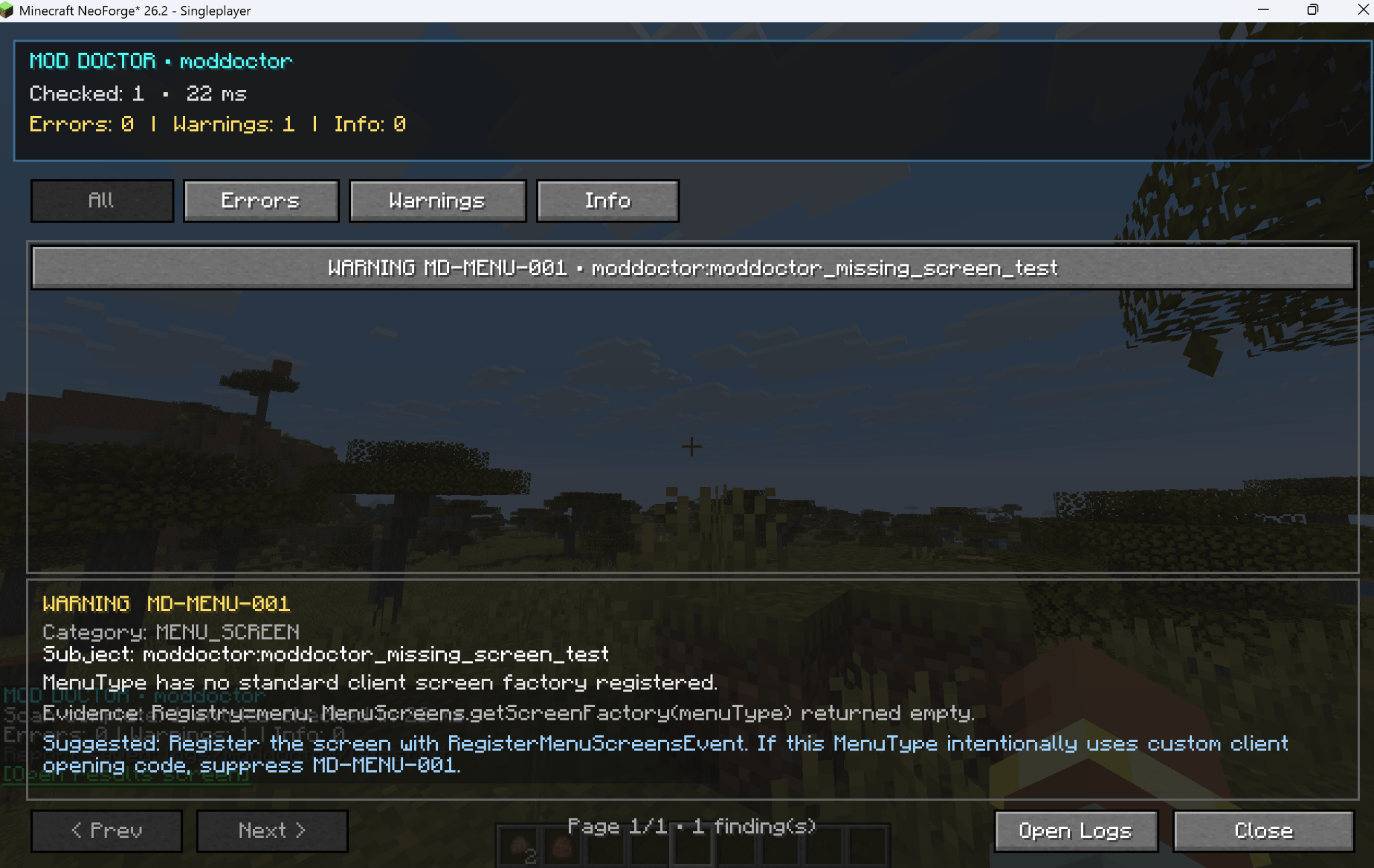 The Mod Doctor results screen in action — showing a detected warning with its rule ID, evidence, severity, and suggested fix.