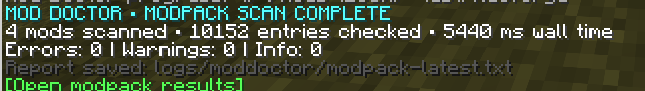A full modpack scan completed successfully — 10,152 entries checked across 4 mods, with a generated report ready for review.