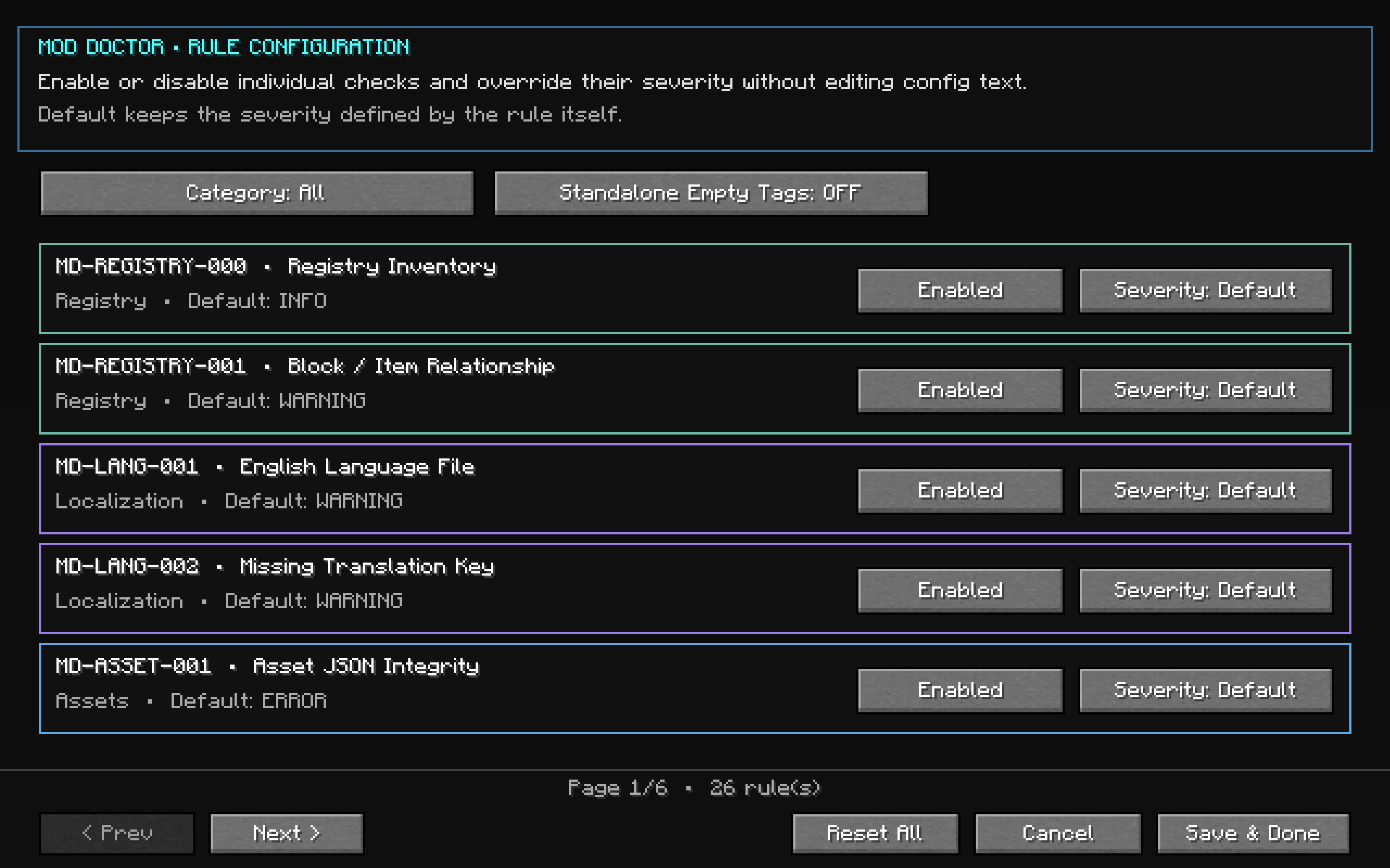 Customize Mod Doctor's diagnostic rules directly in-game — enable or disable individual checks, change severity levels, filter by category, and save your preferred configuration.