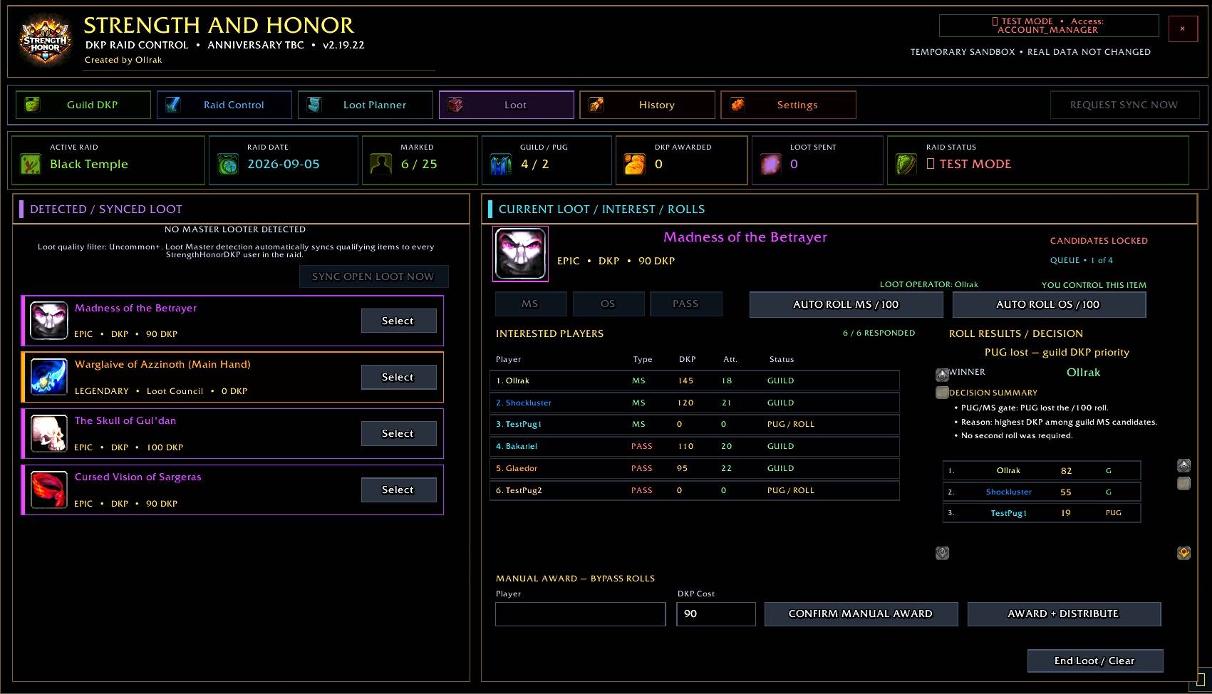 Thumbnail Detect and queue multiple loot items, collect MS/OS/PASS responses, handle PUG rolls, calculate guild DKP priority and award the item from one screen.