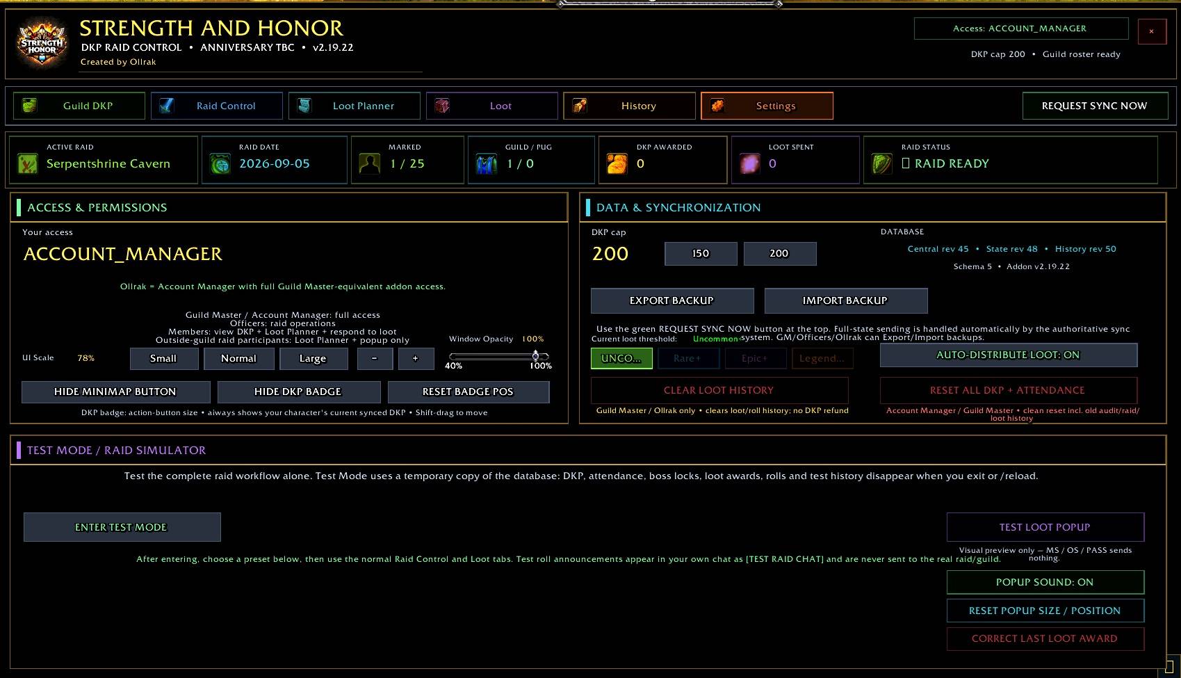 Thumbnail Test Mode operates on temporary data, allowing officers to test the raid and loot workflow without modifying the guild's real DKP records.