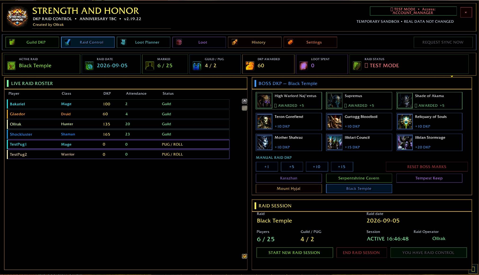 Thumbnail Start and manage raid sessions, track attendance and award configurable boss DKP directly from the raid-control interface.