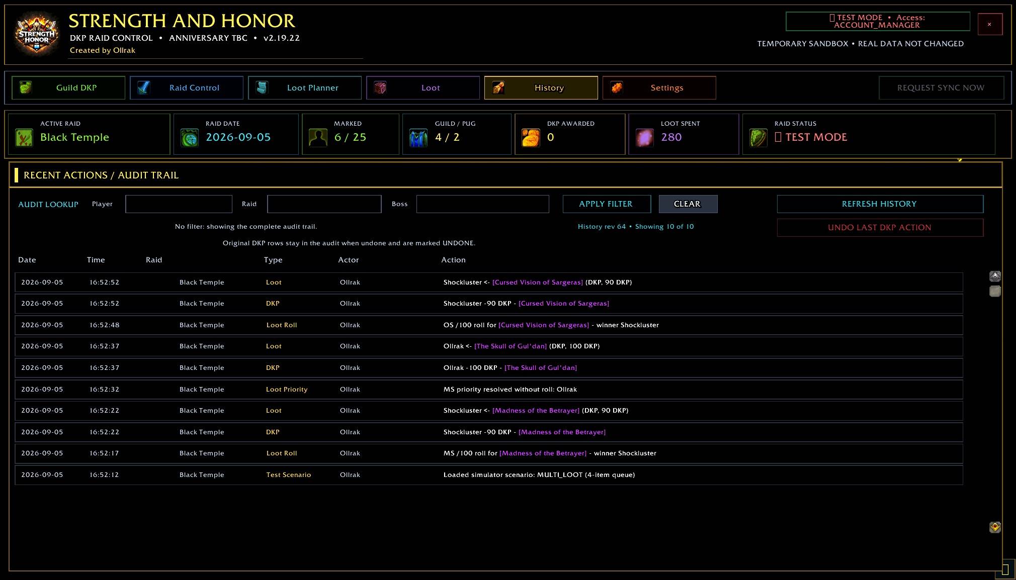 Thumbnail Review recent DKP changes, loot awards and raid actions in one place. The History tab gives officers a clear record of what happened during raid sessions, making DKP and loot decisions easier to track and verify.