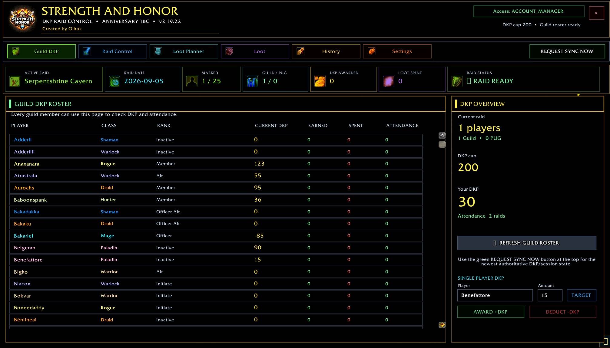 Thumbnail View the complete guild DKP roster, current DKP, earned and spent points, attendance, raid status and personal DKP information in one clear overview. Officers can also award or deduct DKP for individual players directly from this screen.