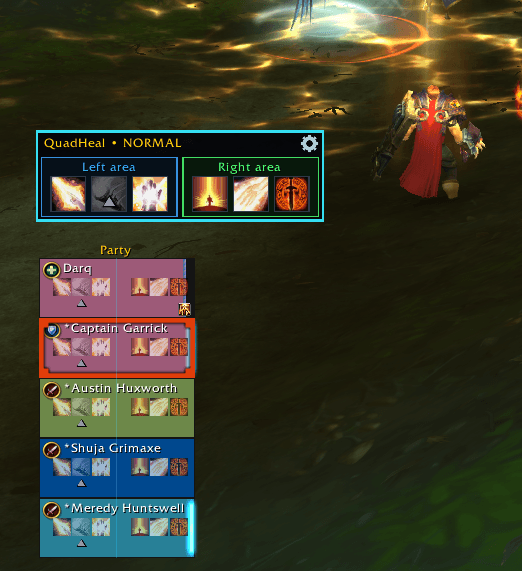 Thumbnail QuadHeal in action! The frame is divided here in 2 areas. Allowing you to cast 6 spells with with only your mouse.