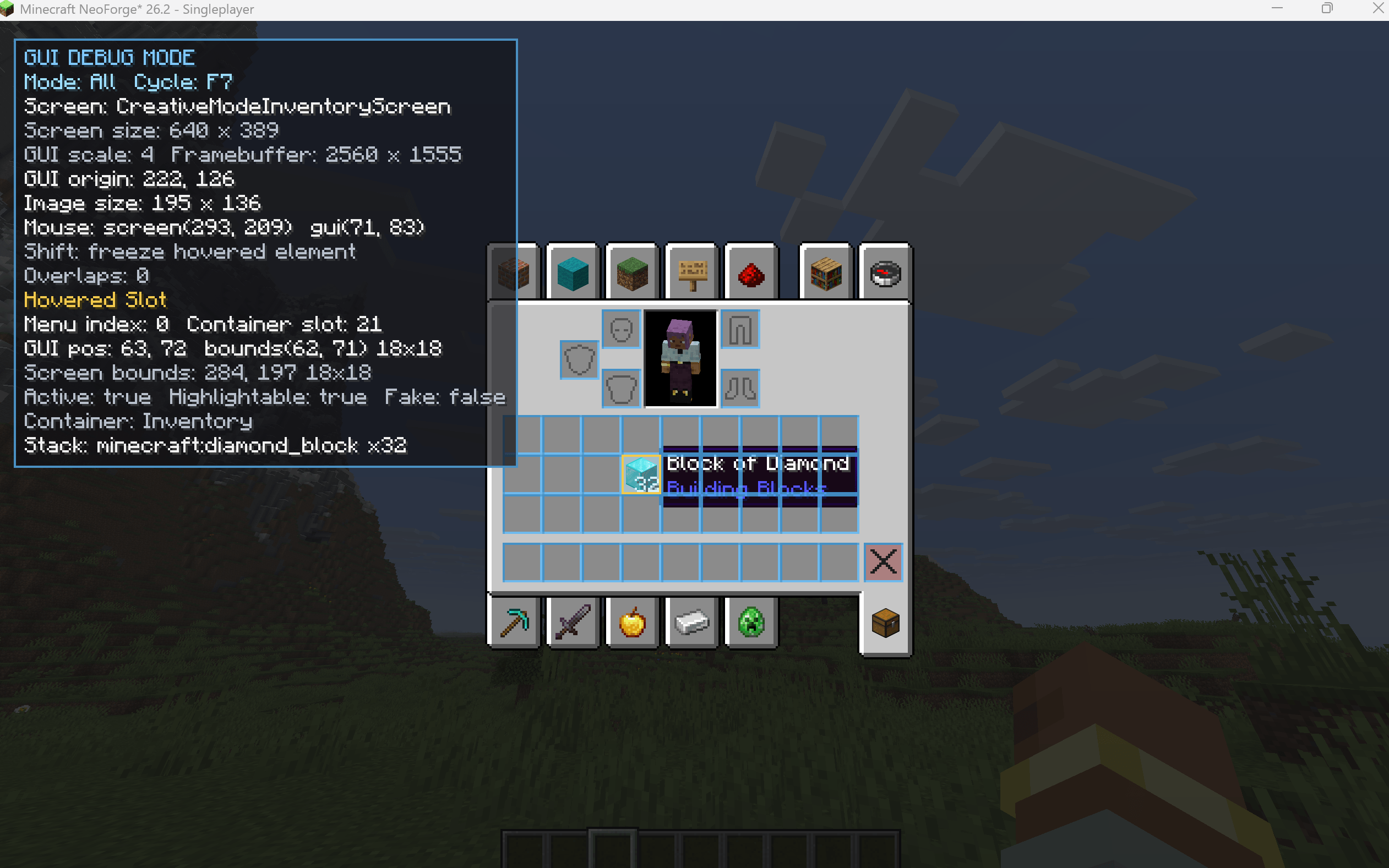 Live Slot Inspector — inspect slot indices, positions, bounds, container data, and ItemStack contents directly in-game.