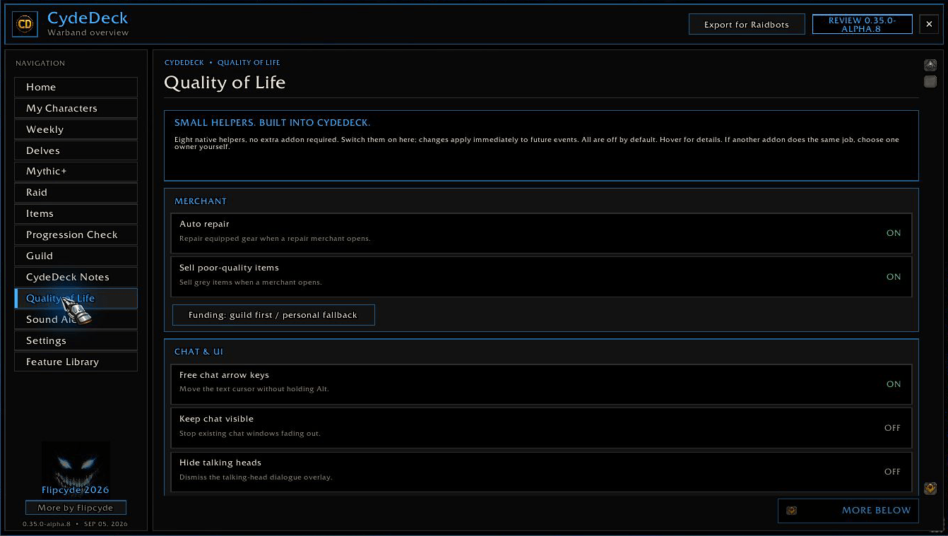Thumbnail CydeDeck 0.35.0 Alpha 8 · Optional everyday helpers and compatibility controls in one workspace.