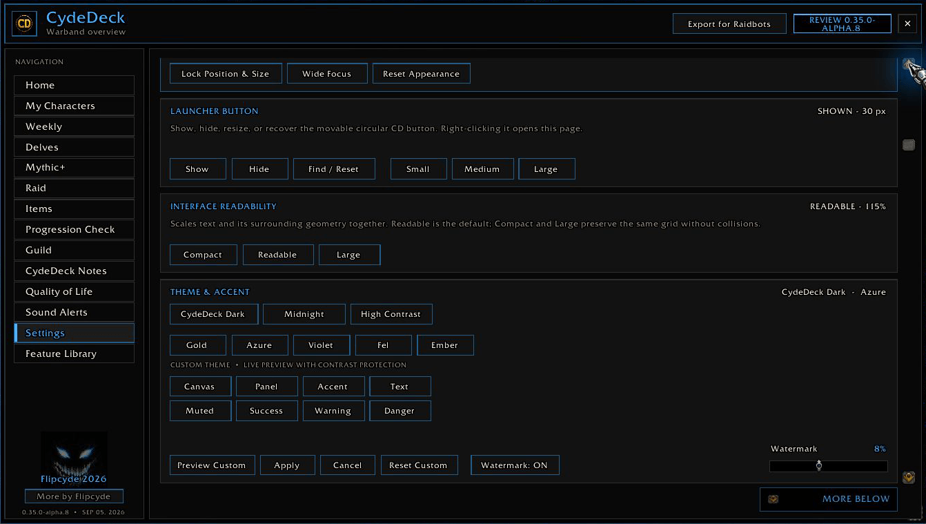 CydeDeck 0.35.0 Alpha 8 · Built-in themes, guarded custom colors and adjustable readability.