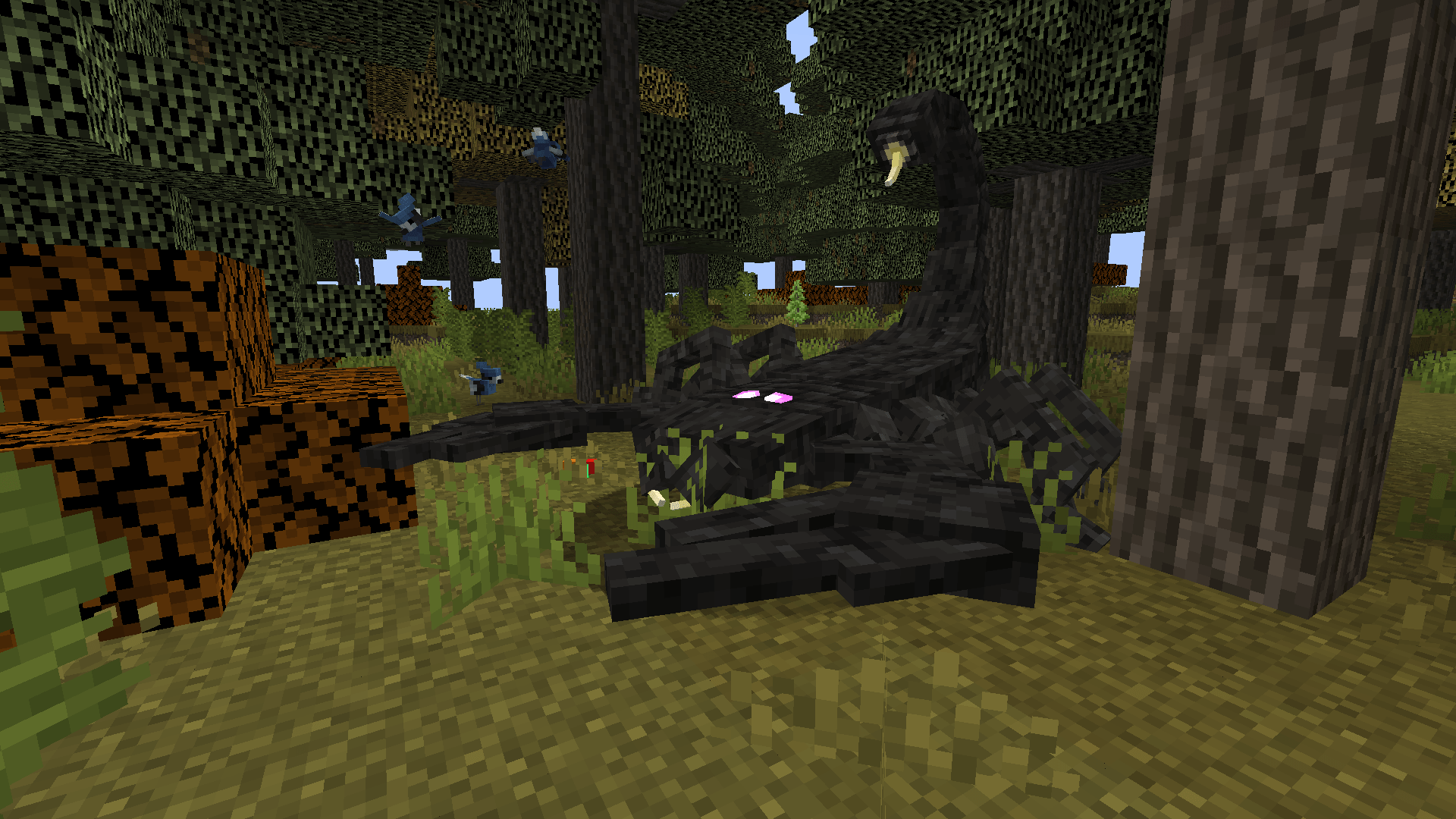 Thumbnail Emperor Scorpion from Craziness Awakened and Blue Jays from Naturalist also hint hint use Golden wheat and a Mob Capturing tool Extremely useful for taming any mob!