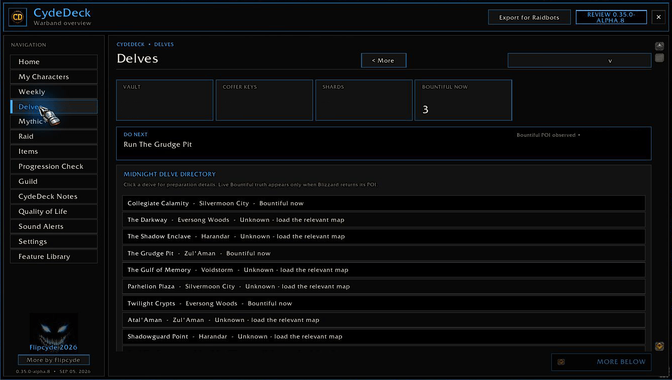 CydeDeck 0.35.0 Alpha 8 · Dedicated Delves navigation and explained recommendations. Personal identifiers and currency values hidden.