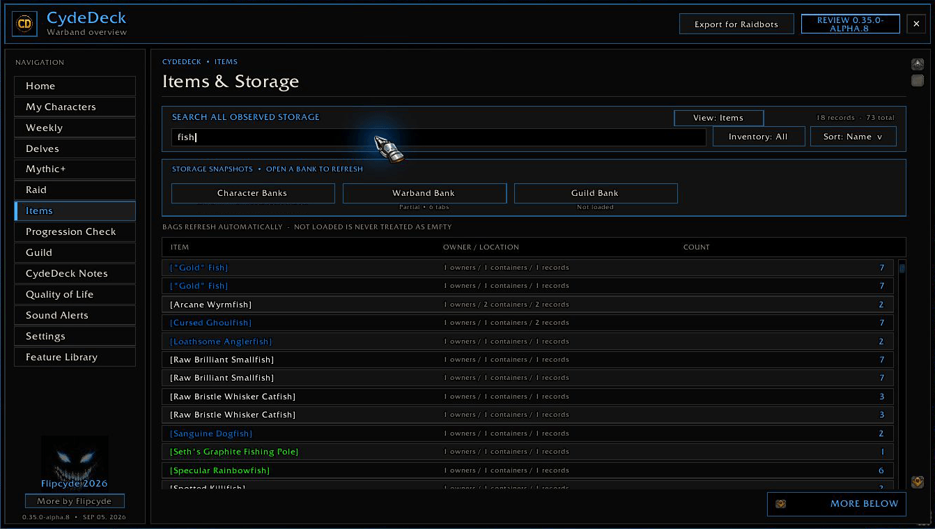 CydeDeck 0.35.0 Alpha 8 · Search recorded storage with grouped totals and coverage. Personal observation timestamp hidden.